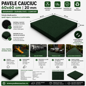 pavele cauciuc 600 x 600 cu 20 mm verde patrat